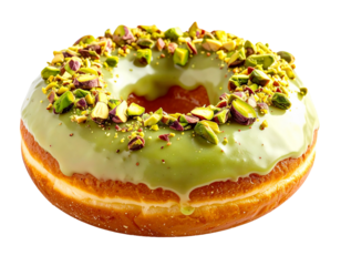 Whole pistachio donut with green glaze and nuts on transparent background