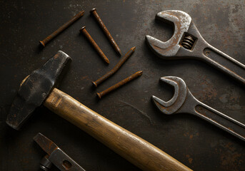 Hammer, Nails, and Wrenches on Dark Metal Surface | Tools for Home Repair, Construction, and DIY Projects