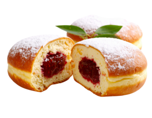 Raspberry filled donuts cut in half with sugar coating on transparent background