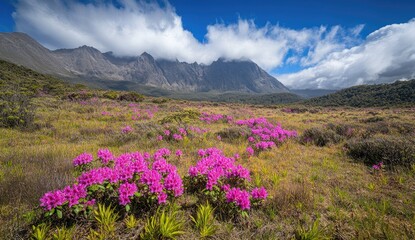 Pink rhododendrons bloom in a mountain meadow,  with dramatic peaks in the background