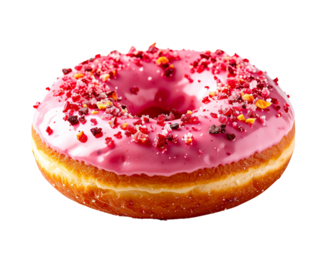 Pink donut with sprinkles and red crumbs on transparent background