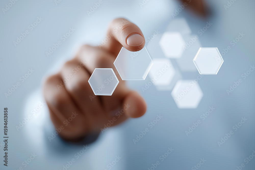 Poster human finger selects transparent hexagonal interface element in minimalist technological business en