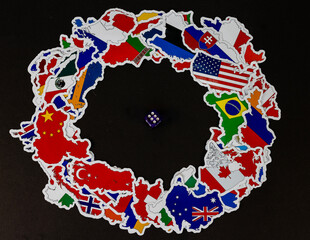 Single Die Centered in Circle of World Flags Representing Global Decision