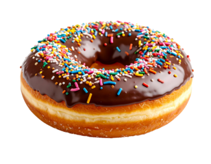 Chocolate donut with rainbow sprinkles on transparent background