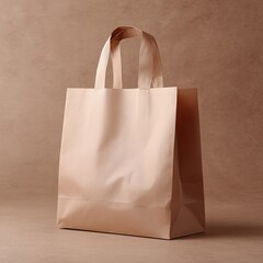 Beige shopping tote bag on brown background