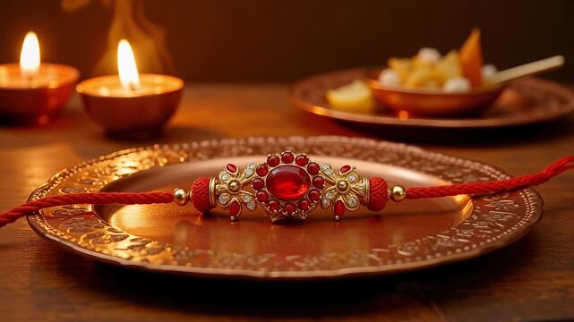 Golden light illuminates a red and gold Rakhi on a copper plate, surrounded by diyas creating a warm festive glow in stunning 4k.