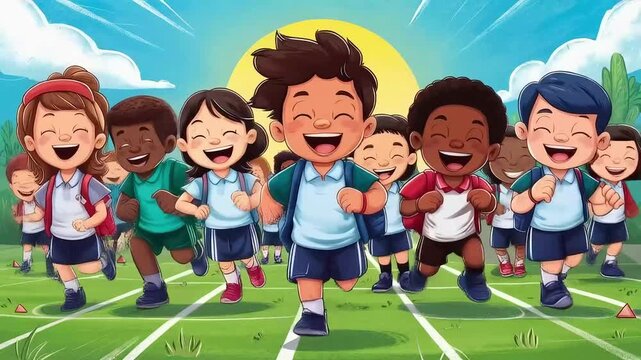A diverse and joyful group of students in uniform run together energetically during a sunny school sports day on a green field