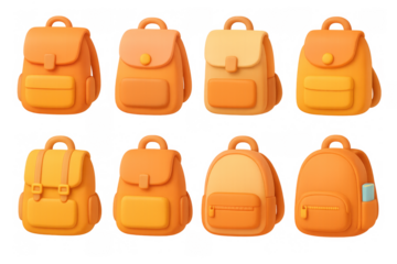 Collection of vibrant 3d backpacks in orange tones with modern design elements