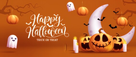 Happy Halloween Cartoon Vector Illustration with Pumpkins Ghosts Bats Moon and Candles