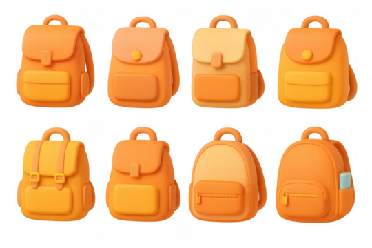 Collection of vibrant 3d backpacks in orange tones with modern design elements