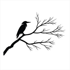 A black crow perched on a bare branch silhouette against white space