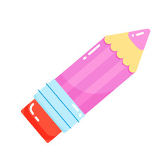 Colorful cartoon pencil with red eraser on white background.