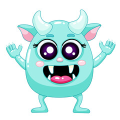 Cute blue cartoon monster with horns and big eyes on white background.