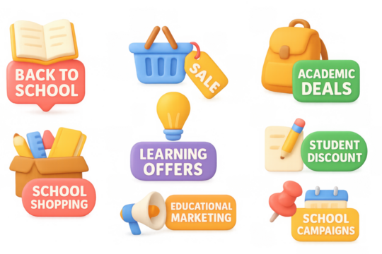 Colorful 3d back to school sale and educational promotions set