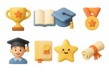 Colorful graduation celebration icons: trophy, hat, diploma, and more in 3d style