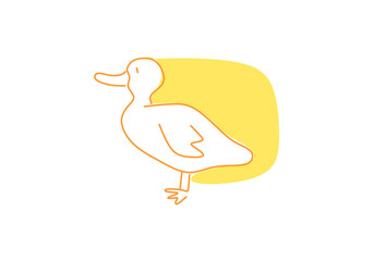 Minimalist line art of a duck floating peacefully on water, with a bright yellow sun in the background. 