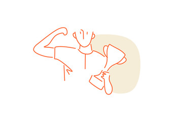 line art of a victorious person holding a trophy and flexing their arm, symbolizing strength, success