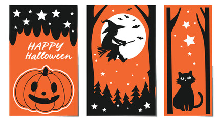 Three halloween themed cards with a pumpkin, witch, bats, cat, stars, and trees on an orange background