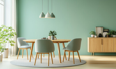 A modern dining room features a wooden table, stylish chairs, and green accents