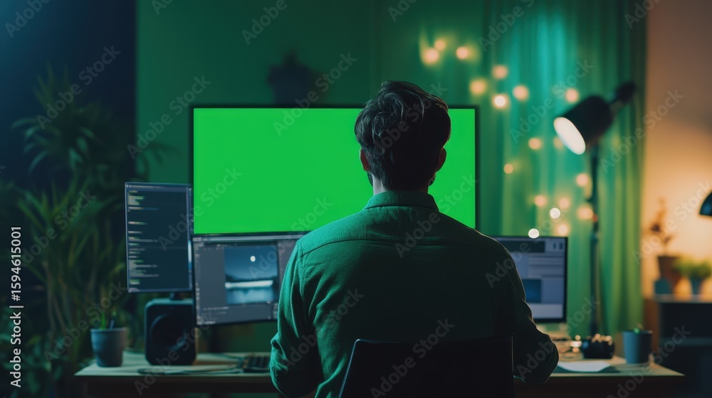 Poster professional editing process with green screen software interface