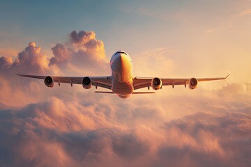 Jetliner soaring through sunset clouds