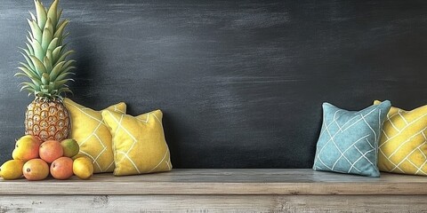 A pineapple, citrus fruits, and patterned throw pillows on a wooden bench against a dark chalkboard wall