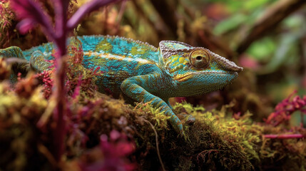 Obraz premium A green lizard is laying on a mossy rock