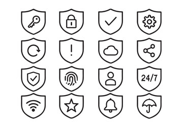 Sixteen shield icons with security and protection symbols