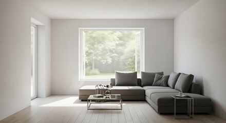 Modern, minimalist living room with a large window and grey sectional sofa.