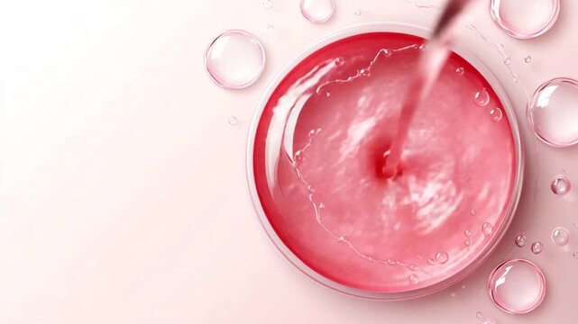 Liquid essence pouring into petri dish with bubbles on a pink background concept