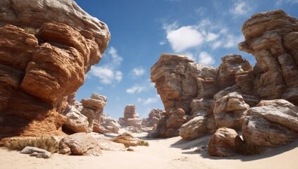 Desert landscape with towering sandstone formations under a vibrant blue sky