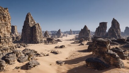 Desert landscape with towering rock formations.  Vast expanse of light tan sand stretches between sharp, grey-brown rock spires.  Clear, bright sky overhead