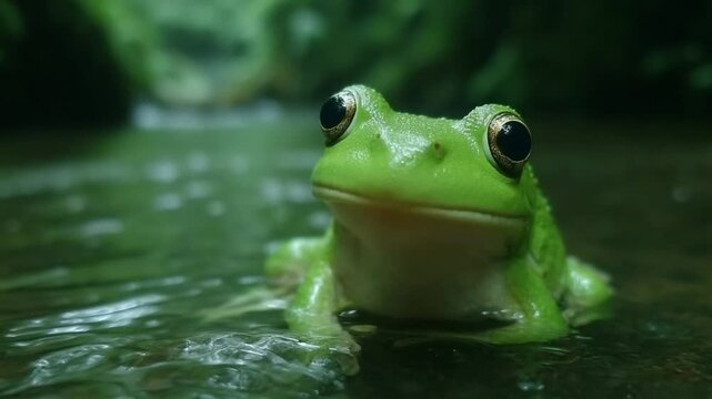 Close Up Portrait of Bright Green Frog with Big Eyes Sitting in Water With Soft Focus Green Background