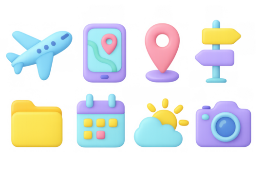 Colorful 3d travel and navigation icons with airplane, map, and camera