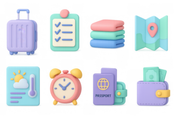 3d travel essentials icons: suitcase, passport, wallet, and more in pastel colors