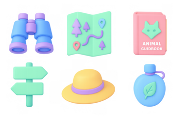 Colorful camping gear icons in soft 3d design for adventure and travel themes