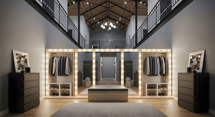 Interior view of a spacious walk-in closet featuring illuminated mirrors, clothing racks, and drawers in a modern home.