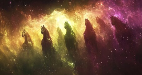 Five horses, dark silhouettes, against a vibrant, swirling nebula of gold, yellow, green, and pink cosmic clouds, scattered with stars