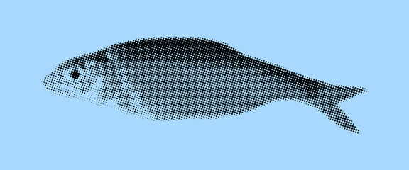 Vector fish with halftone effect. Roach on blue background. Digital illustration for design and decoration with comics texture.