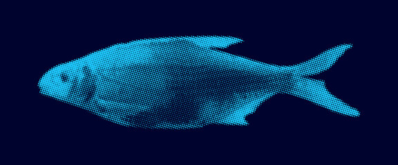 Vector illustration with halftone effect for design and decoration. Cute realistic fish on a blue background. River fish bream. Carp family.