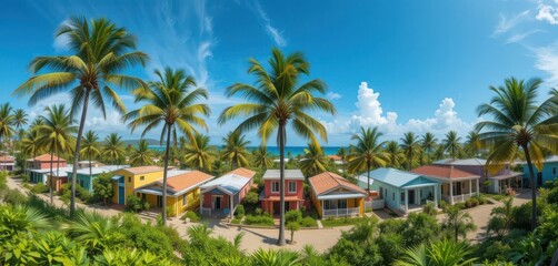 Fototapeta premium Cape Verdean Charm Colorful Architecture and Lush Palm Oasis Under a Wide Azure Sky on Sal