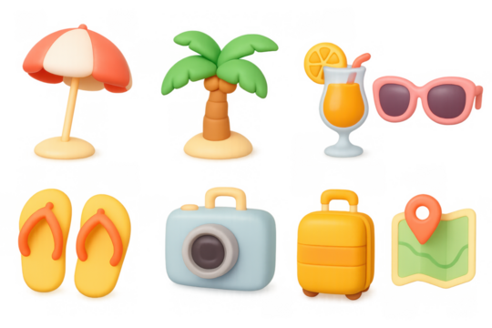 Summer vacation icons: tropical 3d palm, beach gear, sunglasses, and camera