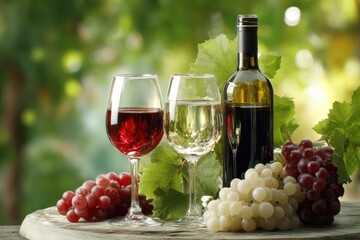 Wine glasses of red and white wine with grapes and bottle