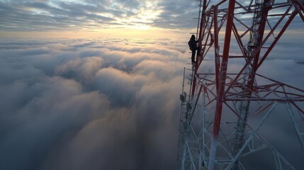 Tower Climber Above the Clouds at Sunrise