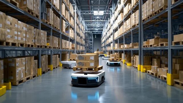 A large warehouse filled with lots of boxes and robots