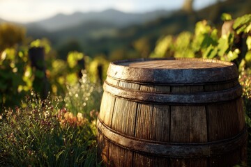 Wooden wine barrel in a vineyard at sunrise