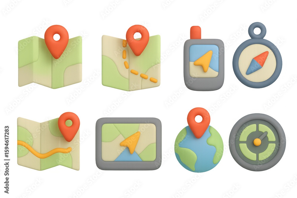 Poster 3d navigation icons set with maps, gps, and compass components