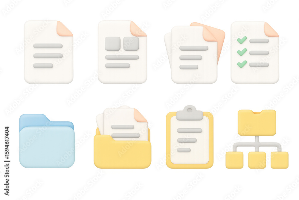 Poster colorful 3d document and folder icons with clipboard and workflow elements