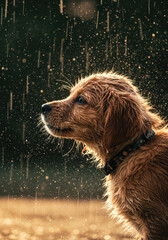 Close up shot of a dog in sun shower