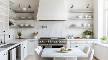 A bright and modern kitchen features white marble countertops and open shelving